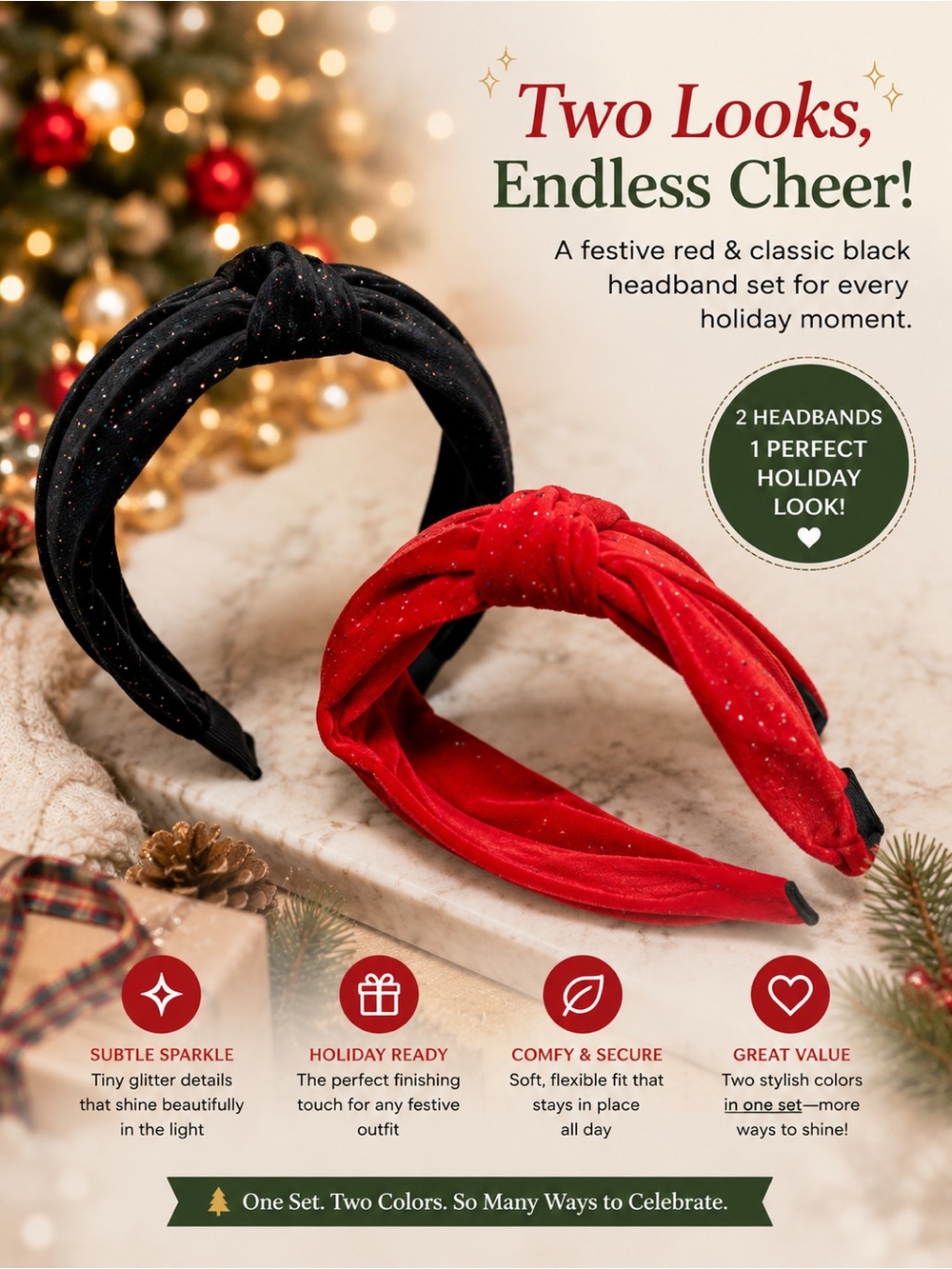 Holiday Glitter Knot Headband Set – Red & Black Velvet Style